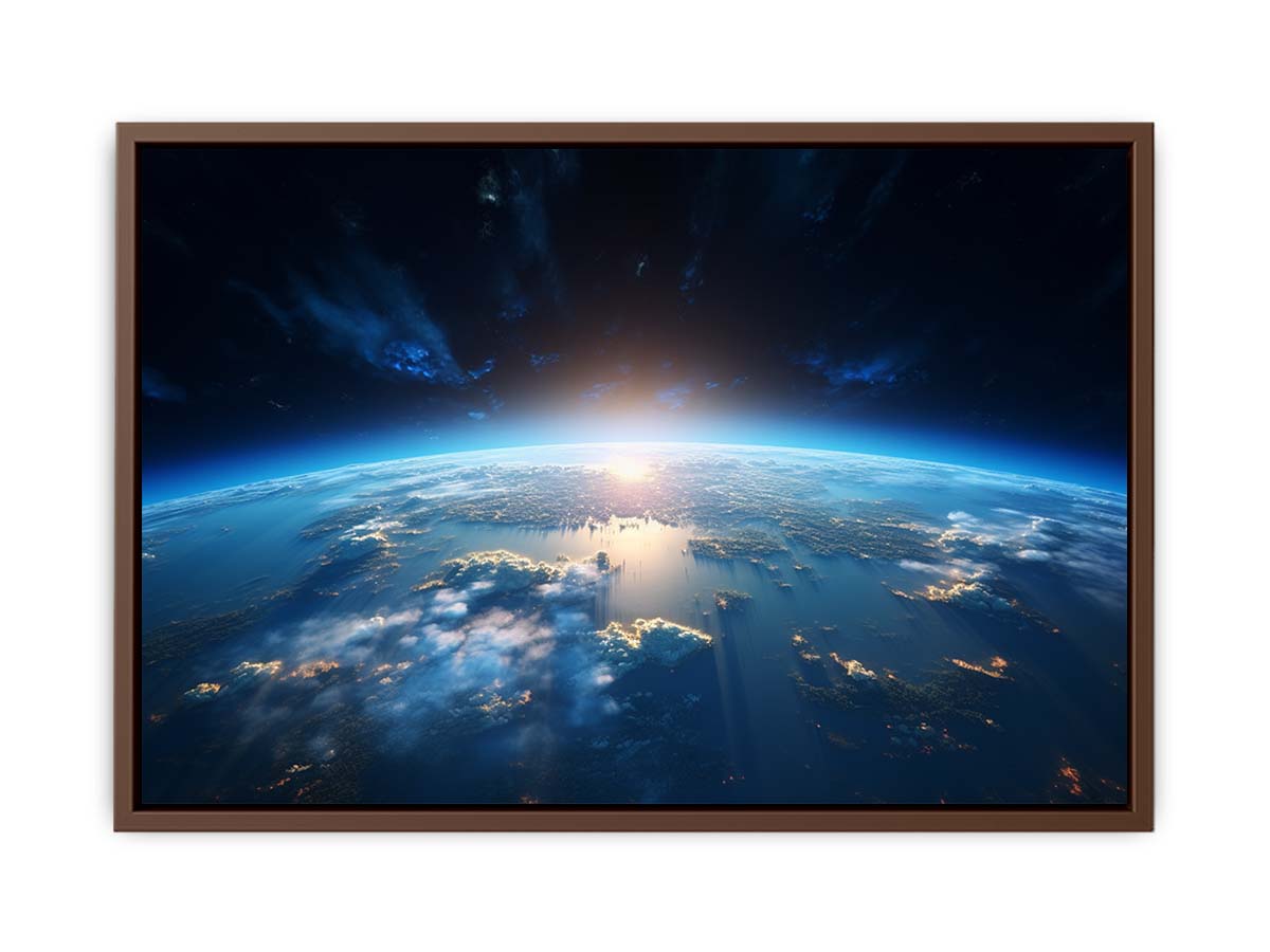 Earth from space canvas art with blue horizon for modern office decor.