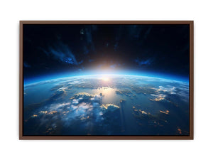 Earth from space canvas art with blue horizon for modern office decor.