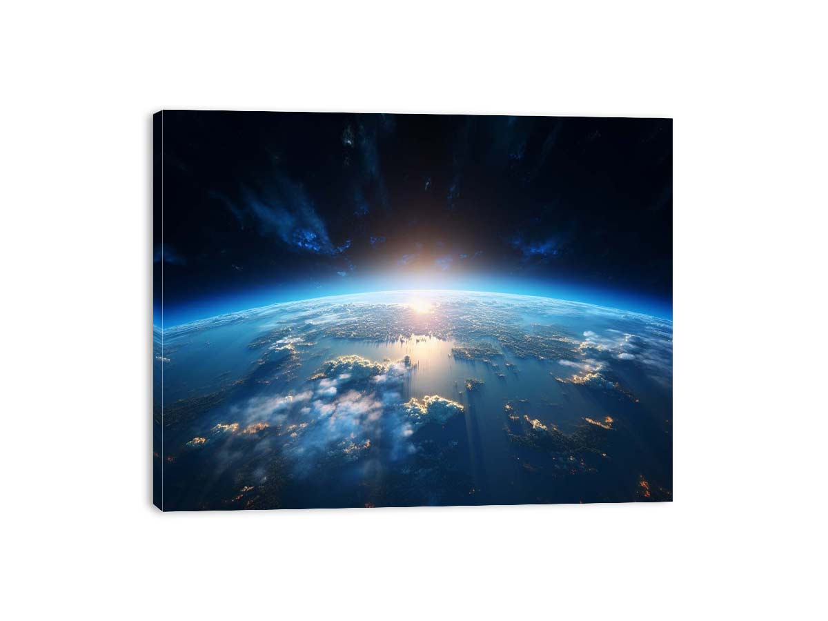 Earth from space canvas art with blue horizon for modern office decor.