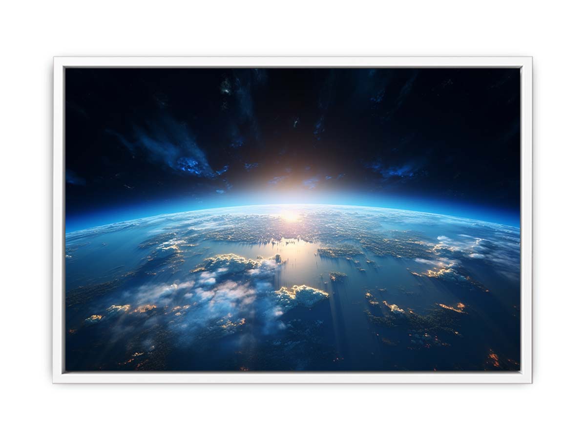 Earth from space canvas art with blue horizon for modern office decor.