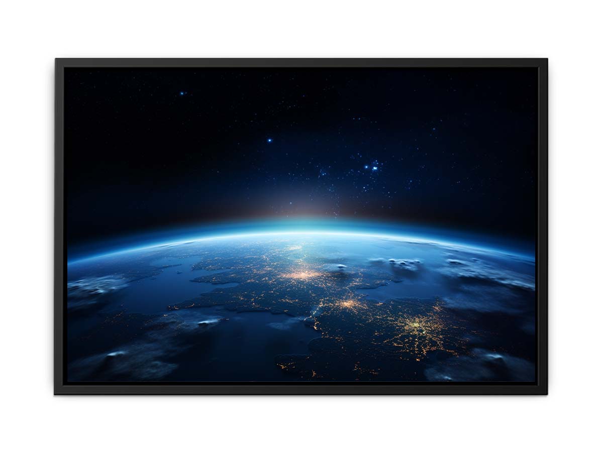 Earth night canvas print with city lights and stars for office wall decor.