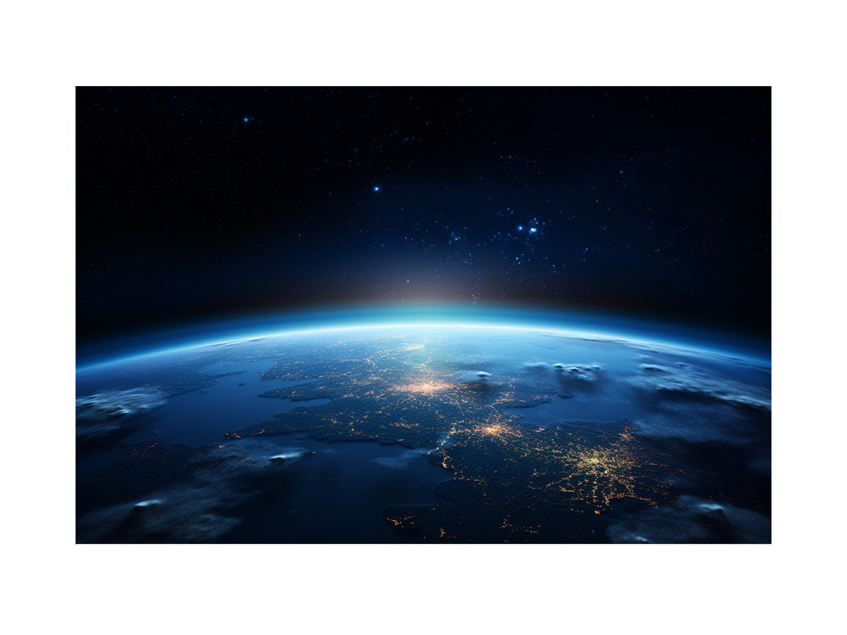 Earth night canvas print with city lights and stars for office wall decor.
