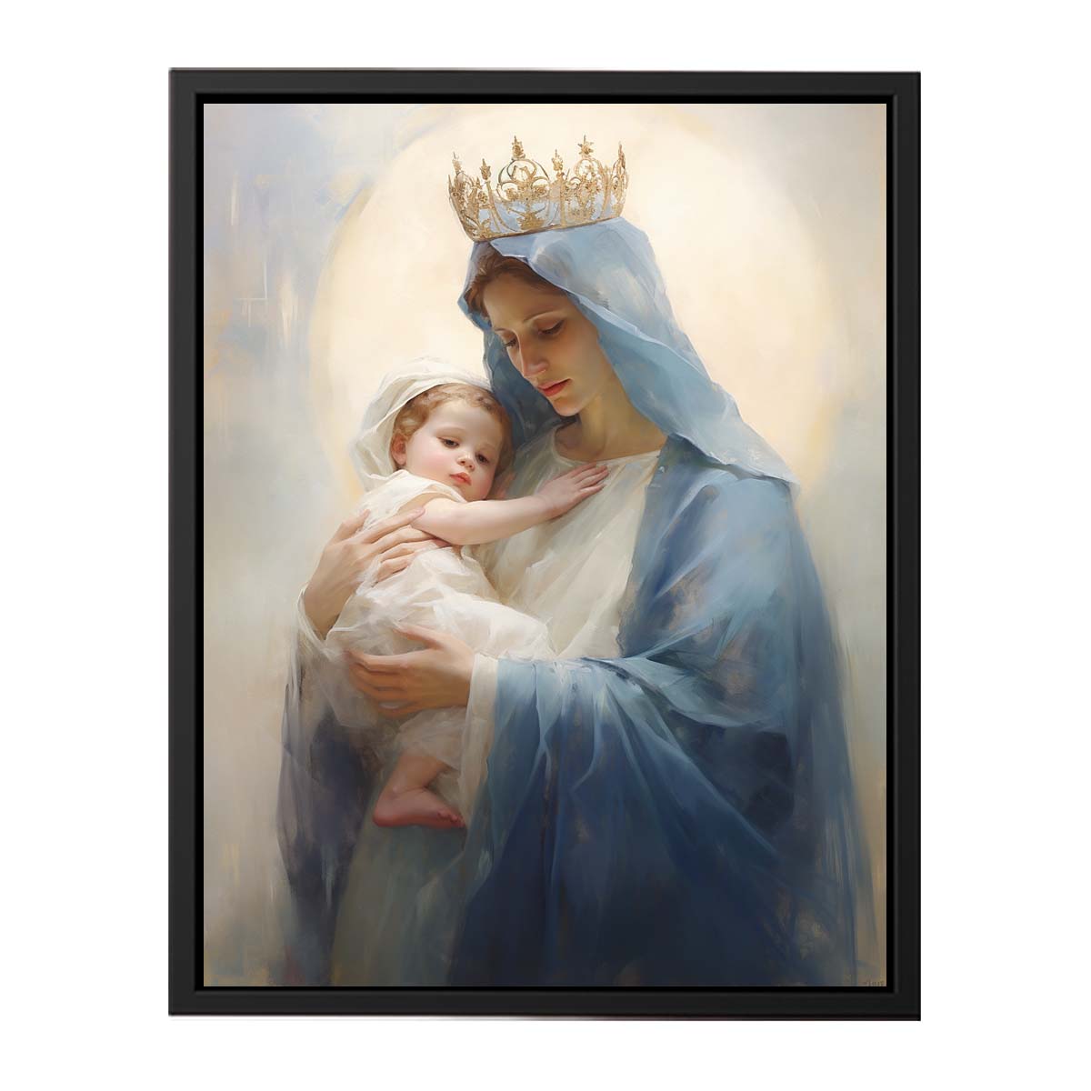 Virgin Mary canvas art holding child in soft blue tones for peaceful bedroom decor.