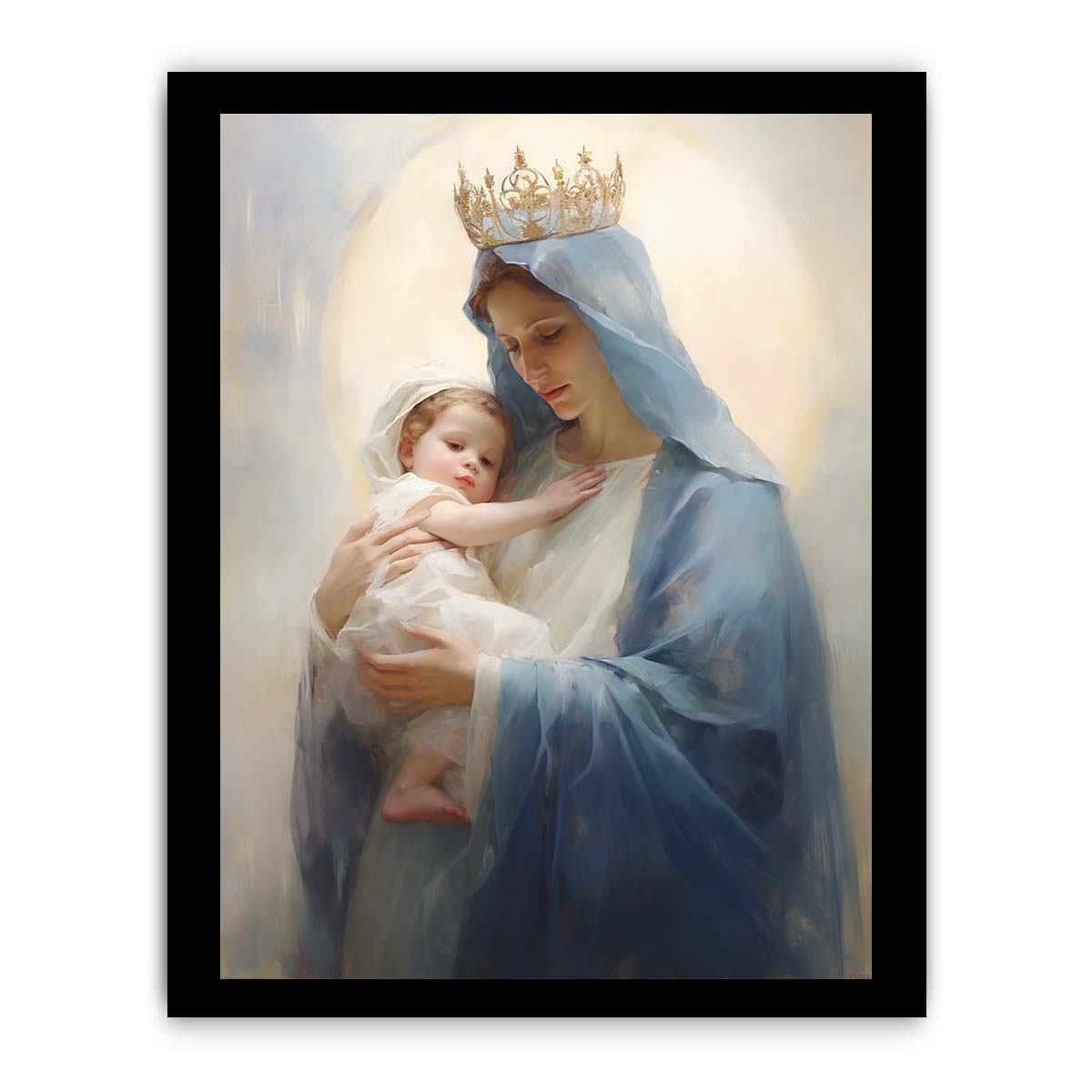 Virgin Mary canvas art holding child in soft blue tones for peaceful bedroom decor.