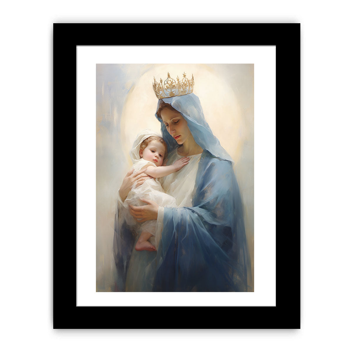 Virgin Mary canvas art holding child in soft blue tones for peaceful bedroom decor.