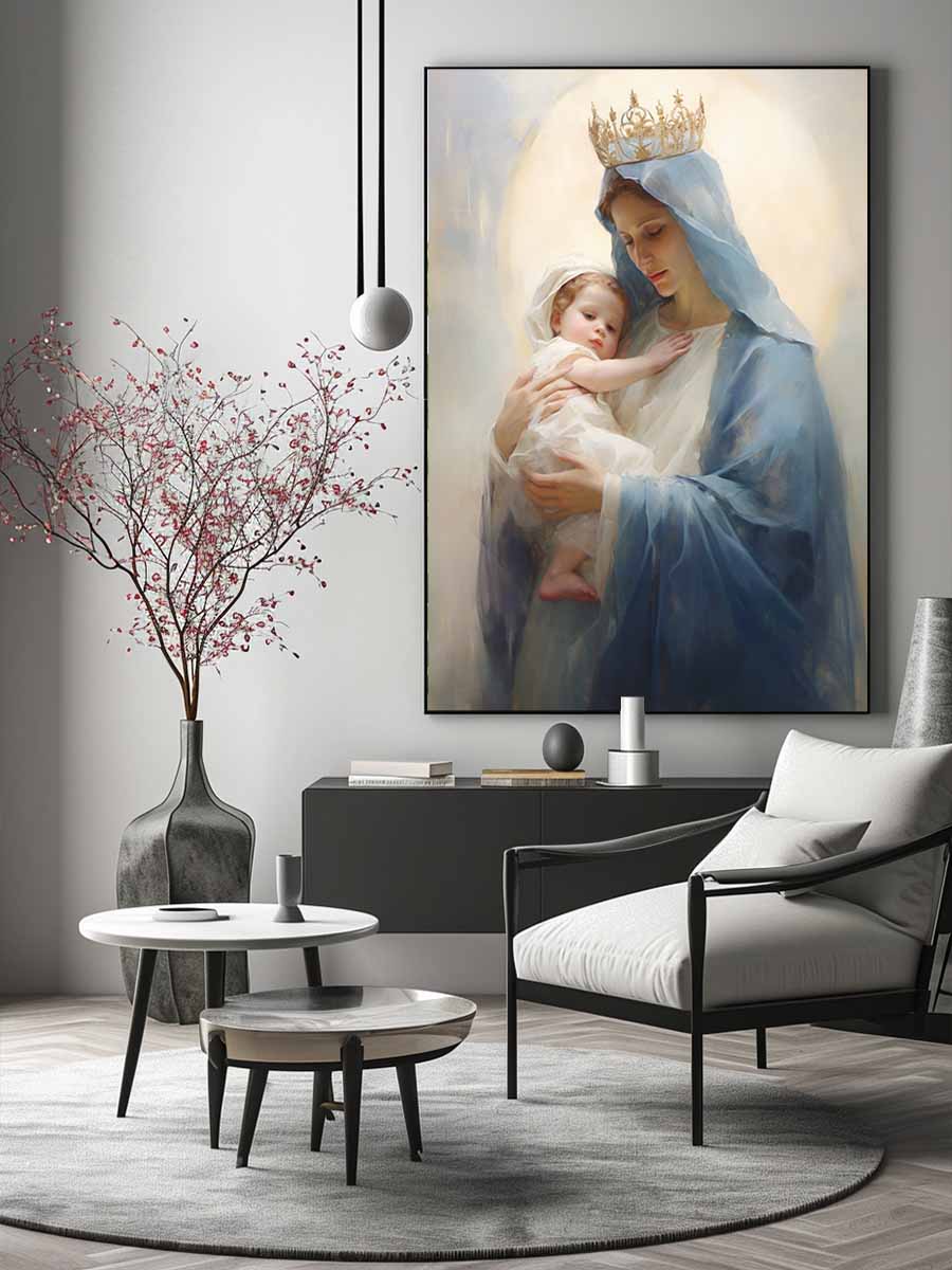 Virgin Mary canvas art holding child in soft blue tones for peaceful bedroom decor.