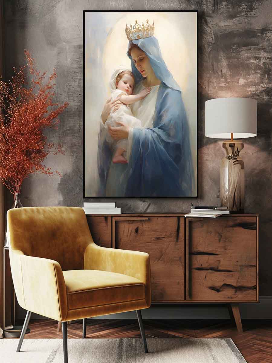 Virgin Mary canvas art holding child in soft blue tones for peaceful bedroom decor.