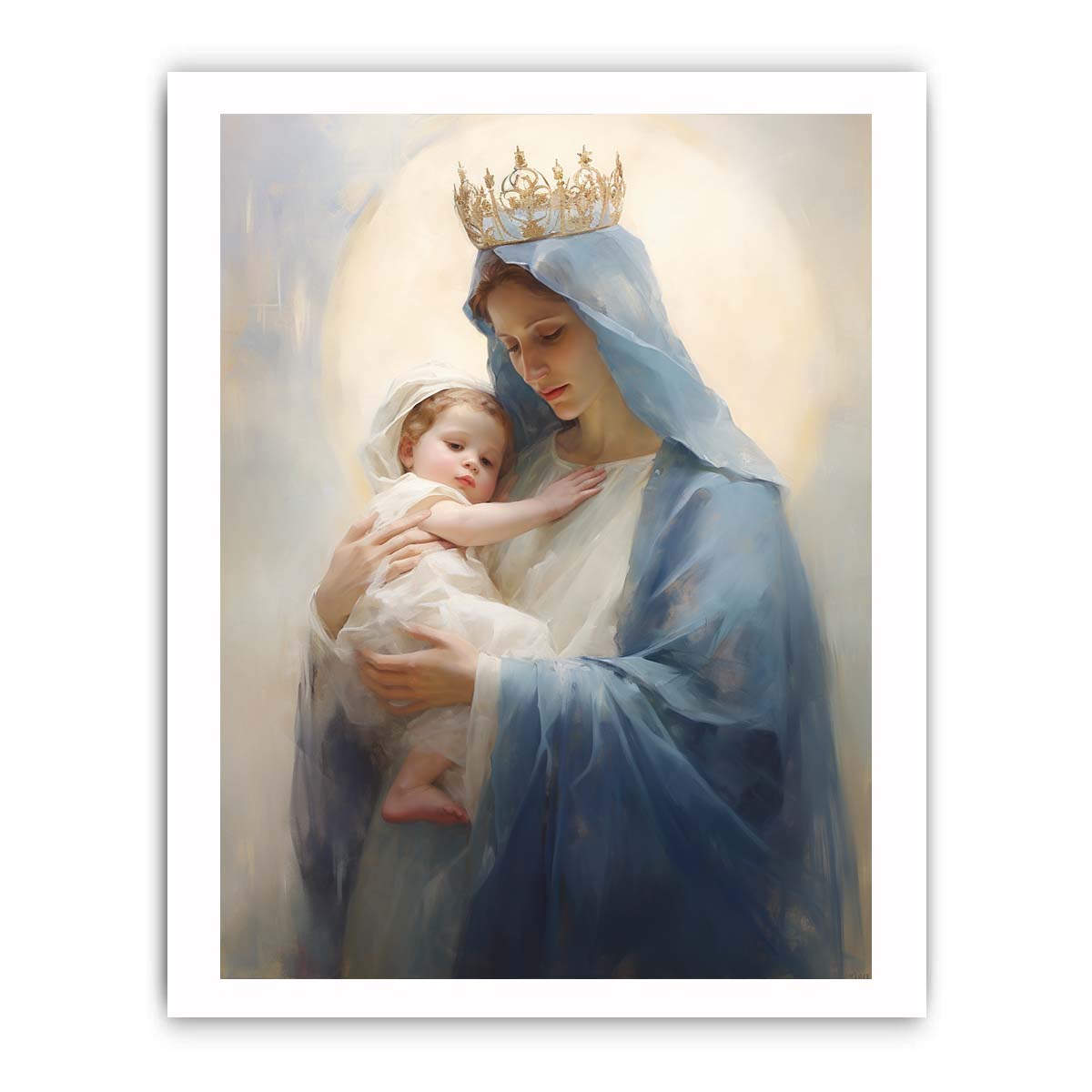 Virgin Mary canvas art holding child in soft blue tones for peaceful bedroom decor.