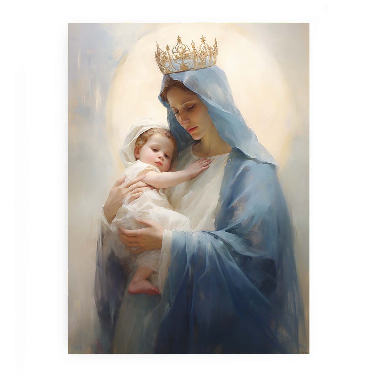 Virgin Mary canvas art holding child in soft blue tones for peaceful bedroom decor.