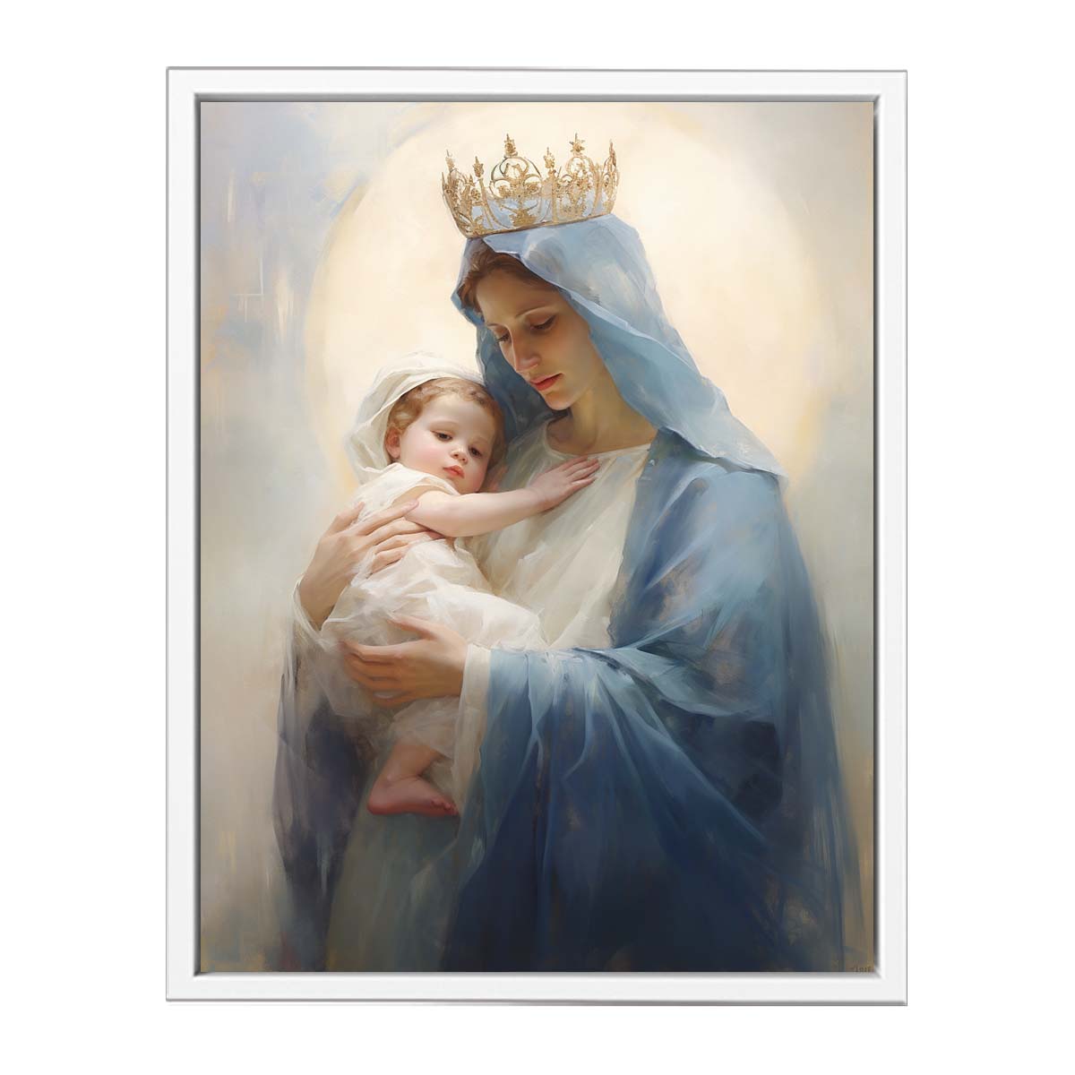 Virgin Mary canvas art holding child in soft blue tones for peaceful bedroom decor.