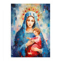 Colorful Virgin Mary artwork with child and halo for nursery or bedroom decor.