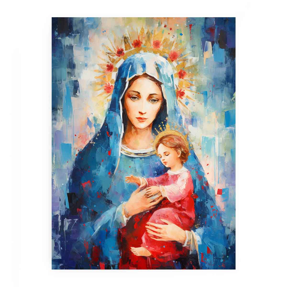 Colorful Virgin Mary artwork with child and halo for nursery or bedroom decor.
