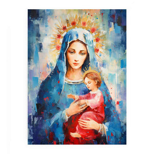 Colorful Virgin Mary artwork with child and halo for nursery or bedroom decor.