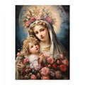Virgin Mary floral canvas with child, roses, crown, and halo for elegant room decor.