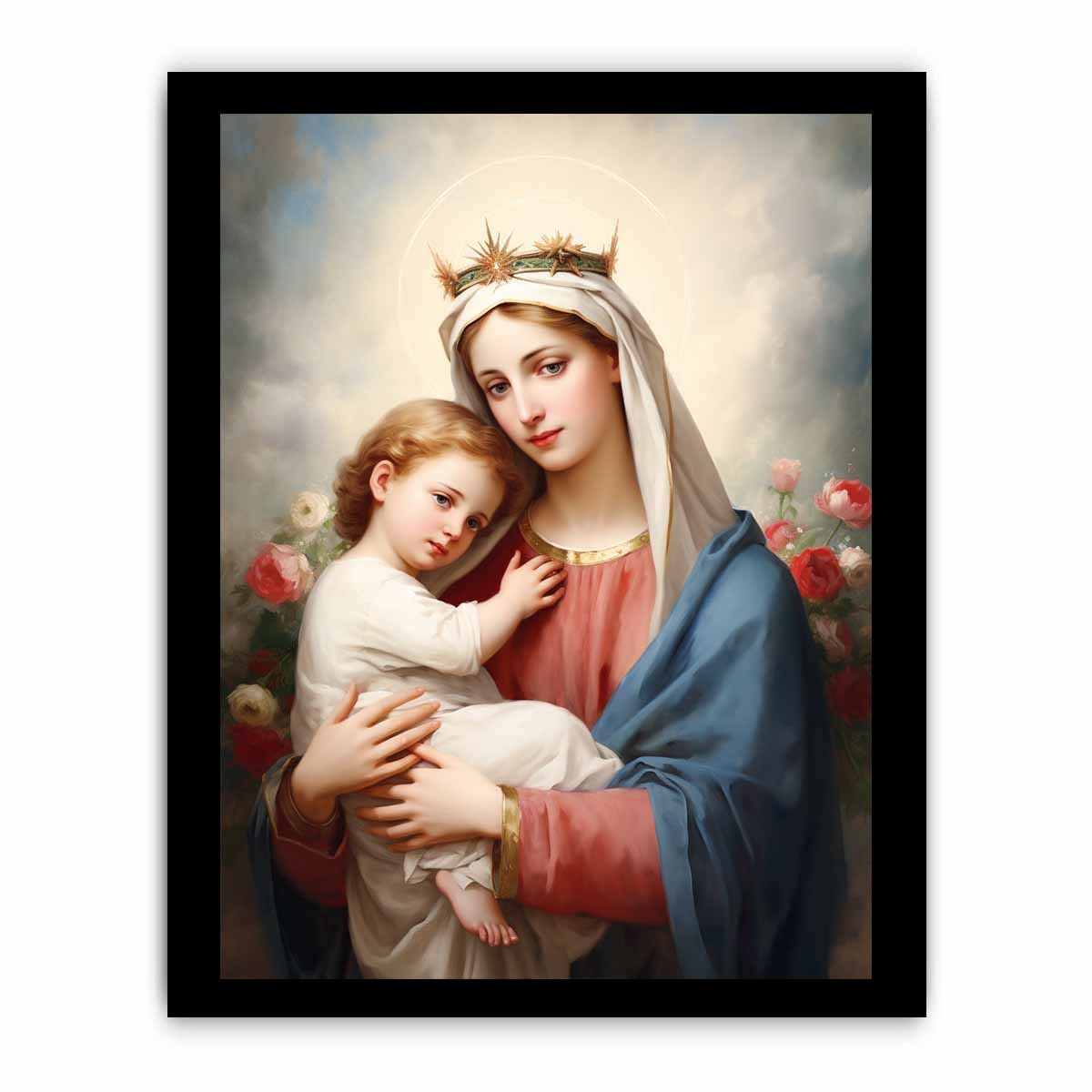 Madonna and child canvas art with soft roses and blue robe for bedroom decor.