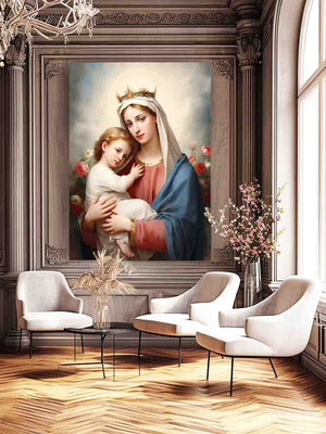 Madonna and child canvas art with soft roses and blue robe for bedroom decor.