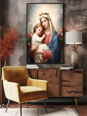 Madonna and child canvas art with soft roses and blue robe for bedroom decor.