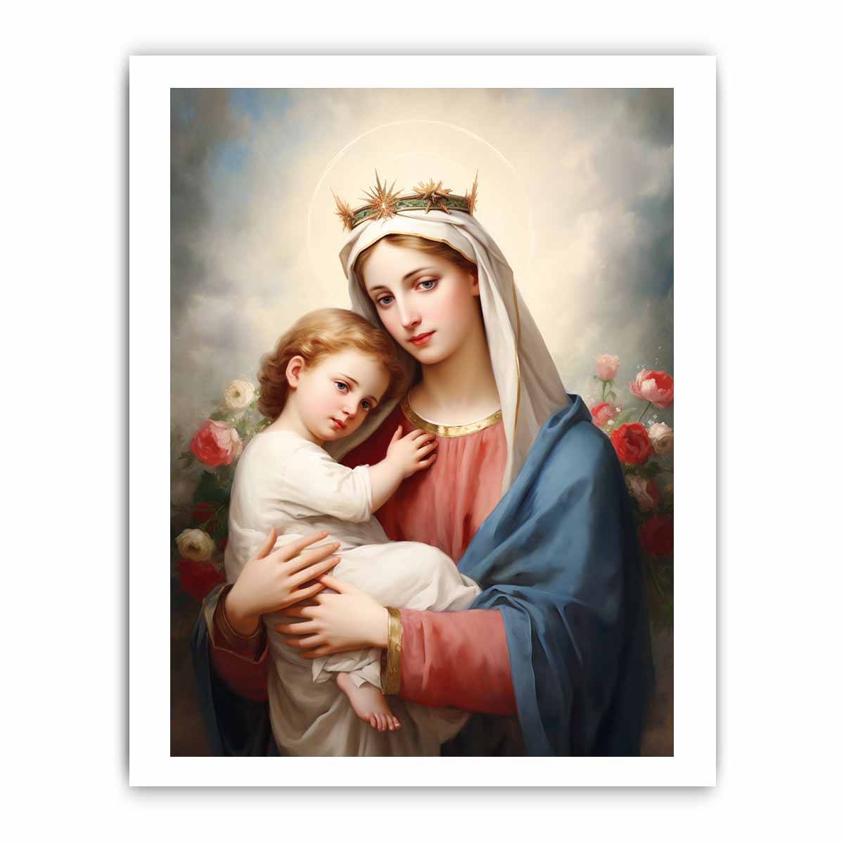 Madonna and child canvas art with soft roses and blue robe for bedroom decor.