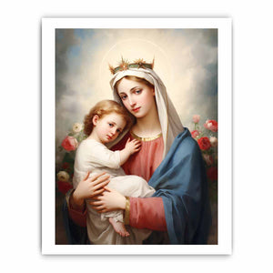 Madonna and child canvas art with soft roses and blue robe for bedroom decor.