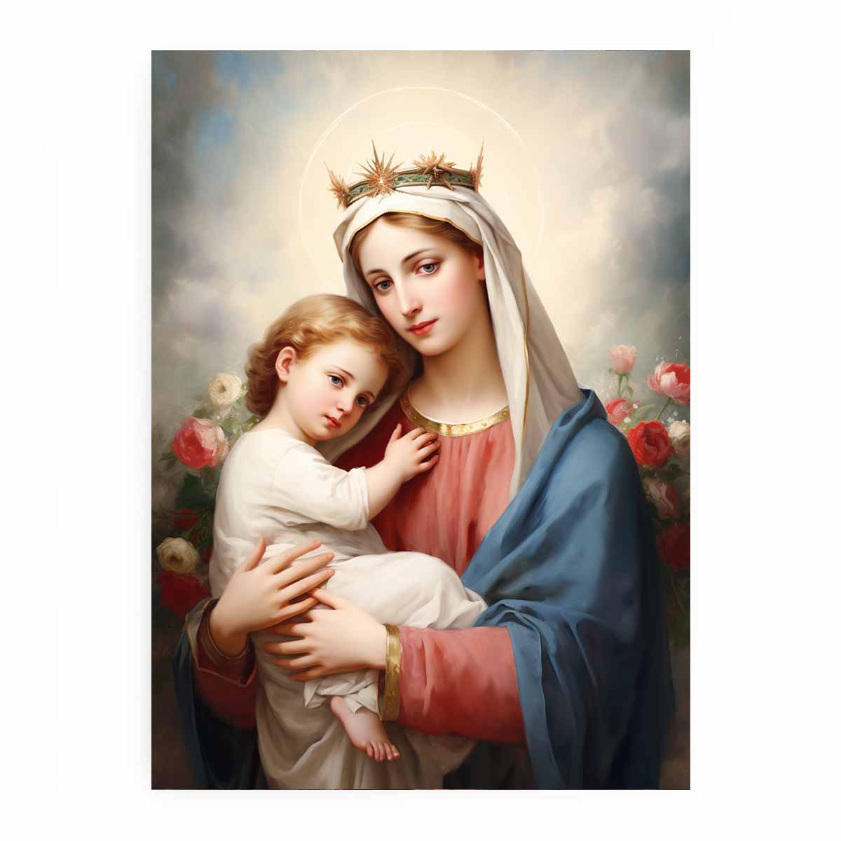 Madonna and child canvas art with soft roses and blue robe for bedroom decor.