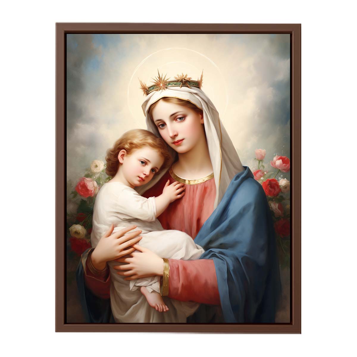 Madonna and child canvas art with soft roses and blue robe for bedroom decor.