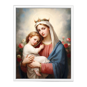 Madonna and child canvas art with soft roses and blue robe for bedroom decor.