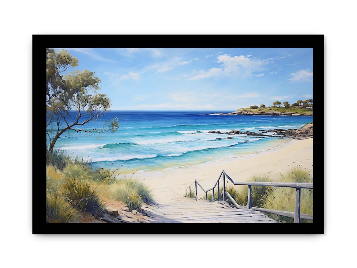Beach path canvas print with turquoise waves and stairs for coastal living room decor.