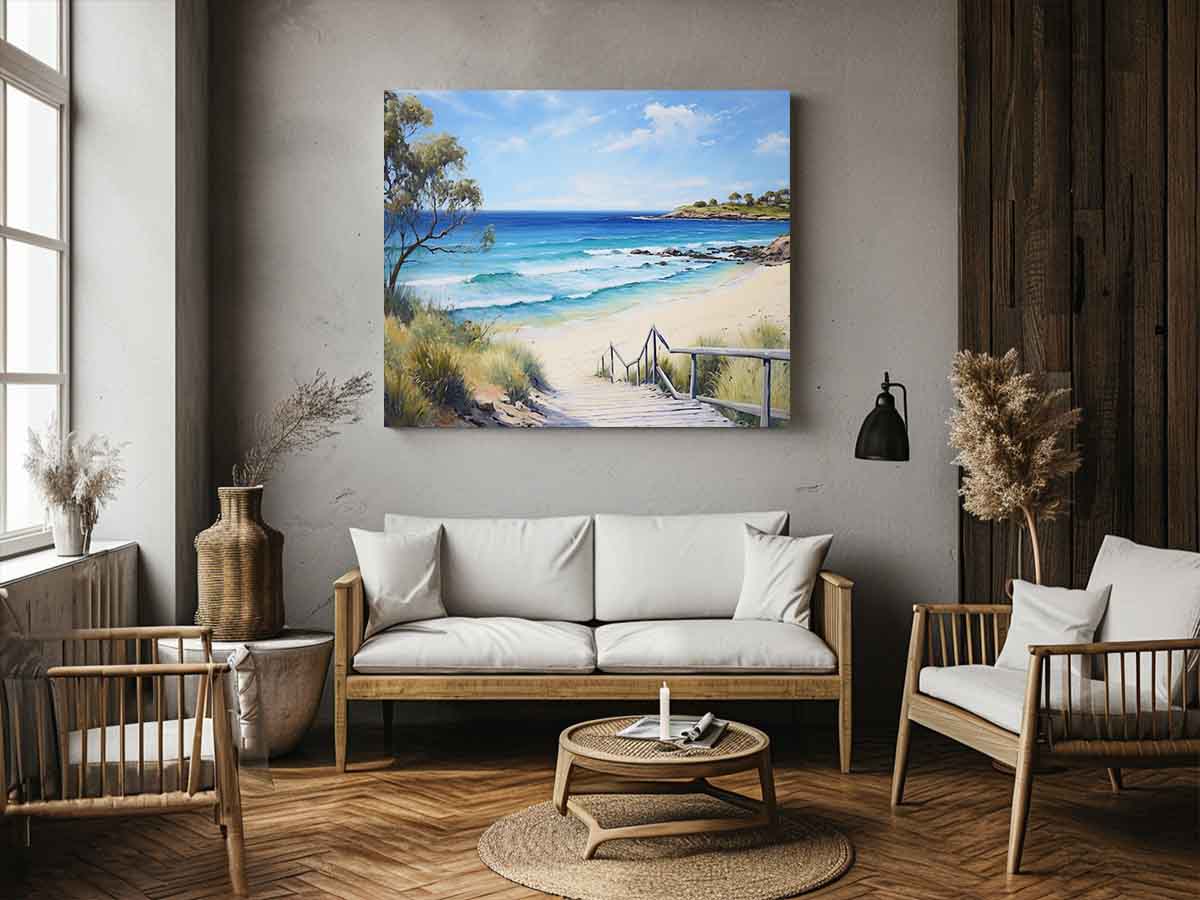 Beach path canvas print with turquoise waves and stairs for coastal living room decor.