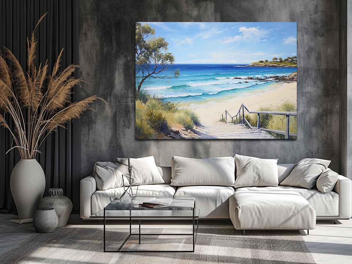 Beach path canvas print with turquoise waves and stairs for coastal living room decor.