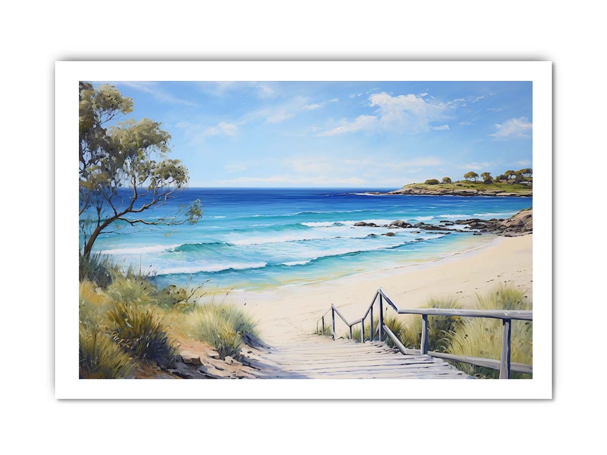 Beach path canvas print with turquoise waves and stairs for coastal living room decor.