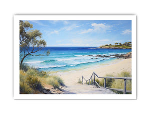 Beach path canvas print with turquoise waves and stairs for coastal living room decor.