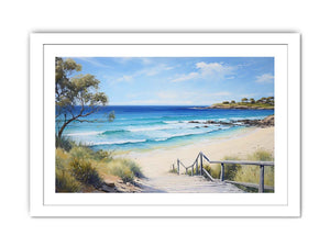 Beach path canvas print with turquoise waves and stairs for coastal living room decor.