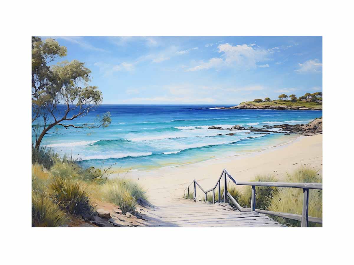 Beach path canvas print with turquoise waves and stairs for coastal living room decor.