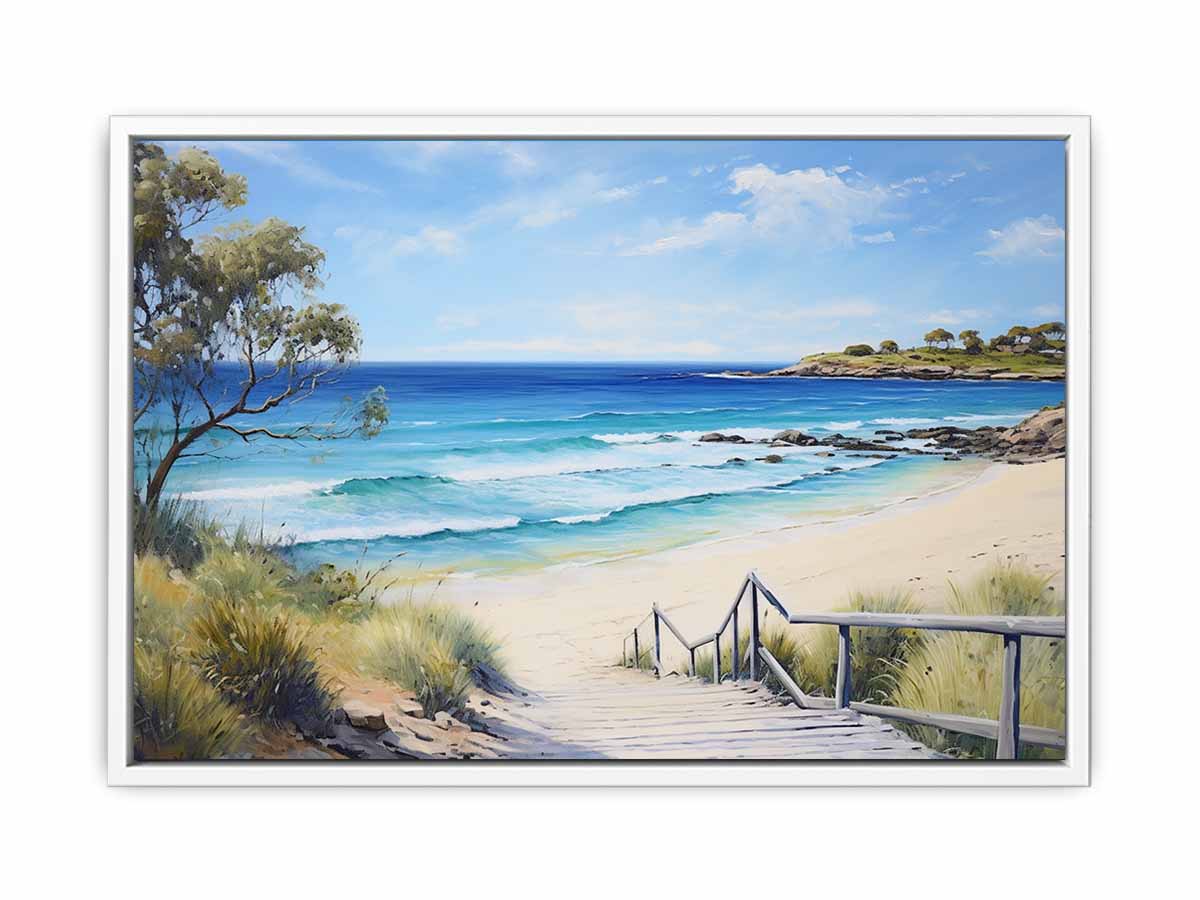 Beach path canvas print with turquoise waves and stairs for coastal living room decor.
