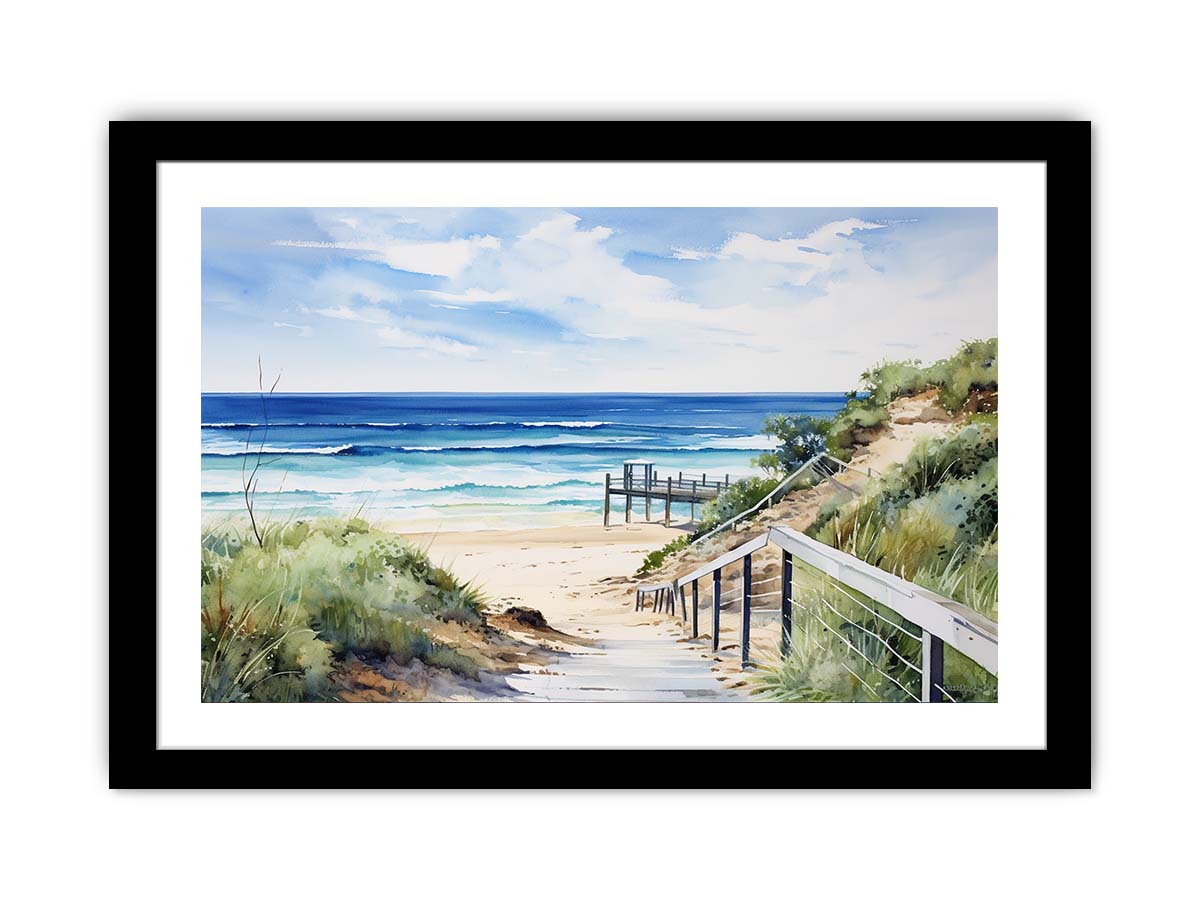 Coastal beach path artwork with stairs, dunes, and blue ocean for bedroom decor.