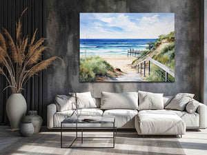 Coastal beach path artwork with stairs, dunes, and blue ocean for bedroom decor.
