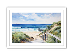 Coastal beach path artwork with stairs, dunes, and blue ocean for bedroom decor.