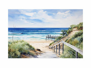 Coastal beach path artwork with stairs, dunes, and blue ocean for bedroom decor.