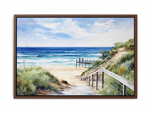 Coastal beach path artwork with stairs, dunes, and blue ocean for bedroom decor.