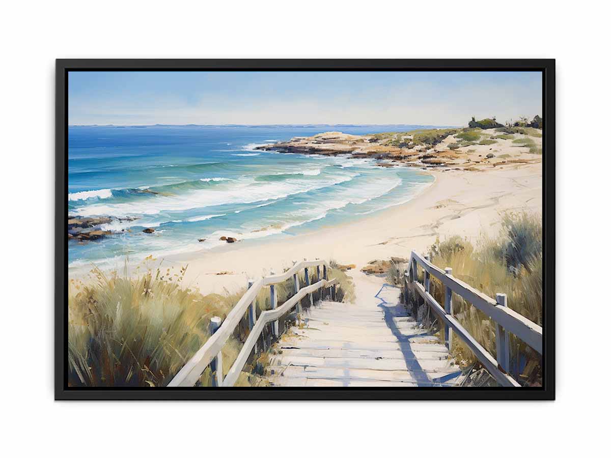 Beach stairway canvas art with ocean waves and dunes for coastal home decor.