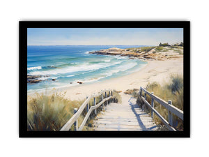 Beach stairway canvas art with ocean waves and dunes for coastal home decor.
