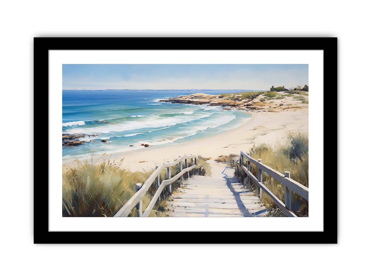 Beach stairway canvas art with ocean waves and dunes for coastal home decor.