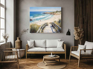 Beach stairway canvas art with ocean waves and dunes for coastal home decor.