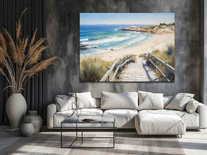 Beach stairway canvas art with ocean waves and dunes for coastal home decor.