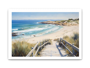 Beach stairway canvas art with ocean waves and dunes for coastal home decor.