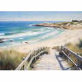 Beach stairway canvas art with ocean waves and dunes for coastal home decor.
