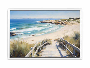 Beach stairway canvas art with ocean waves and dunes for coastal home decor.