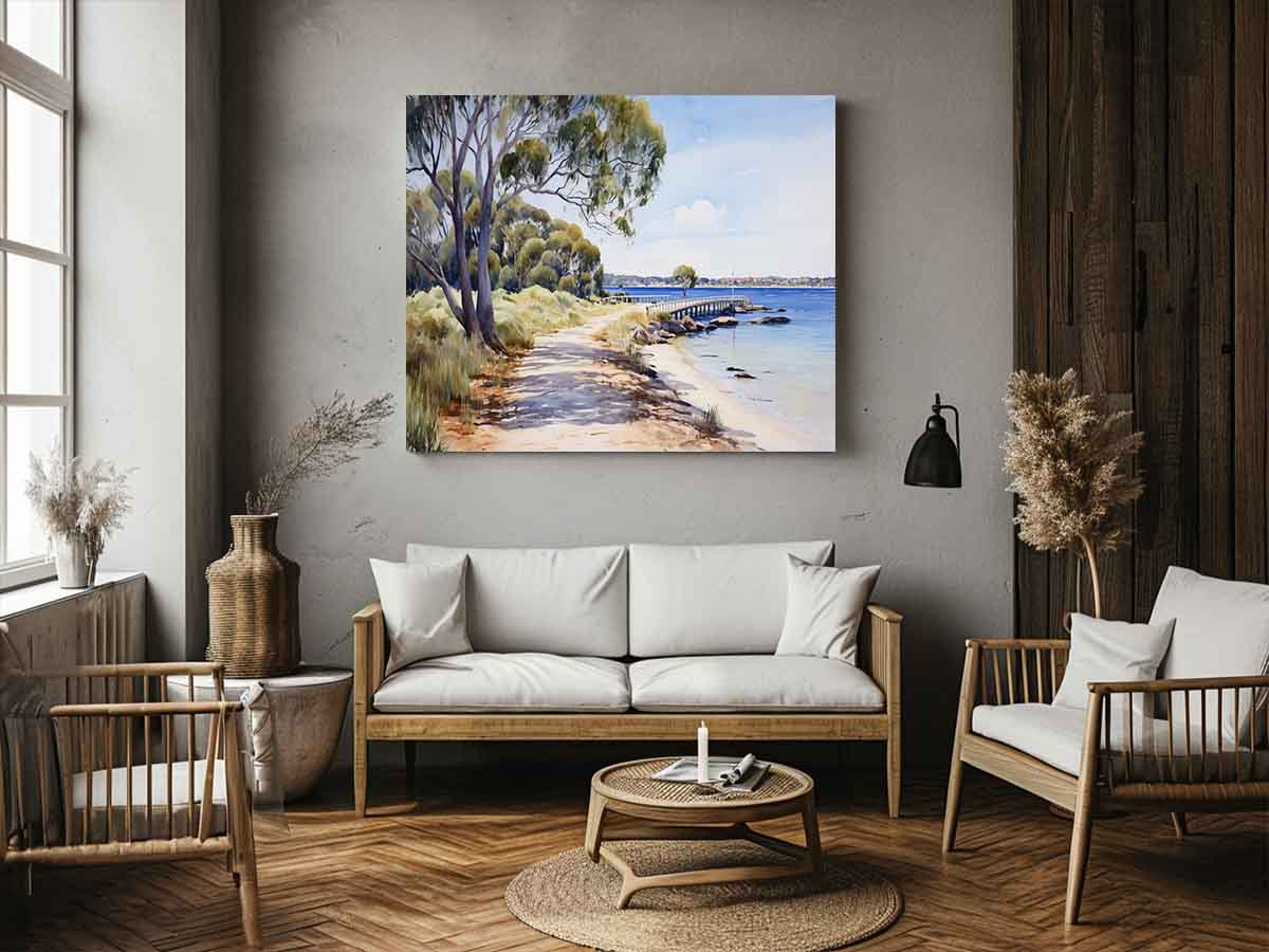 Coastal jetty landscape canvas with trees and calm blue bay for living room decor.