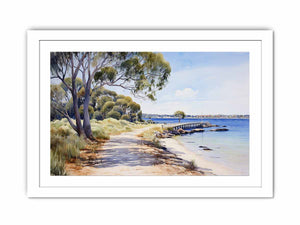 Coastal jetty landscape canvas with trees and calm blue bay for living room decor.