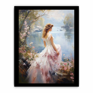 Dream girl canvas art in flowing dress by lake for romantic bedroom decor.